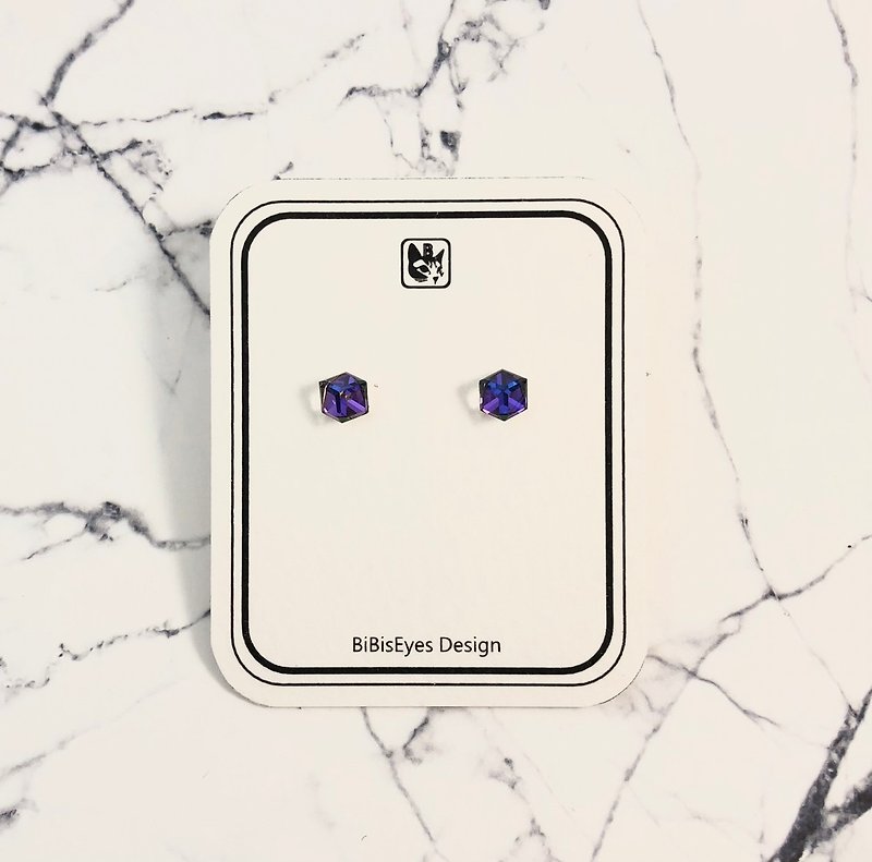 比比的眼晶系列-透明紫小方塊水晶耳針 純銀耳針 - 耳環/耳夾 - 純銀 