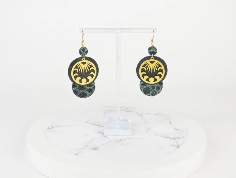 Lunar Phases Sun Earrings in Gold and Green Snake Genuine Recycled Leather - ต่างหู - หนังแท้ สีเขียว