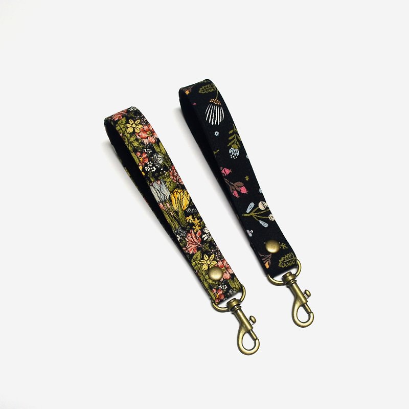 Floral pattern Wrist band Key fob wristlet key fob wrist keychain wrist lanyard - Lanyards & Straps - Cotton & Hemp Black