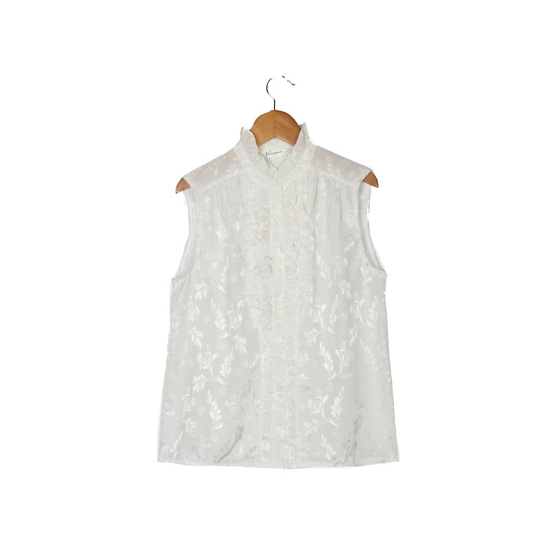 [Egg plant ancient] flower rain embossed pure white sleeveless ancient shirt - เสื้อเชิ้ตผู้หญิง - เส้นใยสังเคราะห์ ขาว