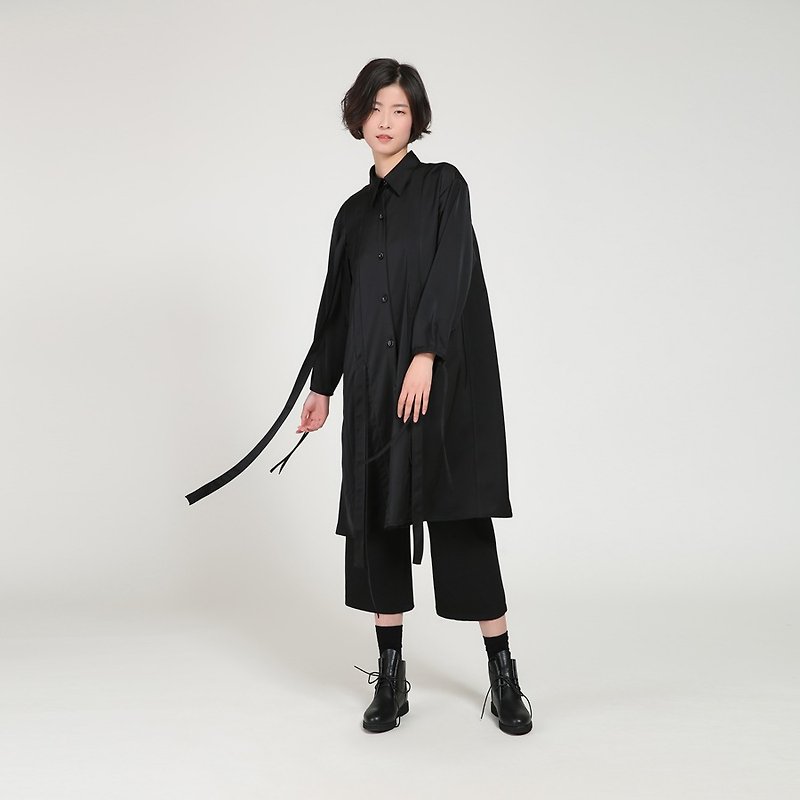 BUDU non-duty black bow ribbon silk mid-length shirt dress - One Piece Dresses - Polyester Black