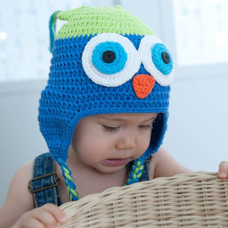 Cutie Bella hand-knitted hat Owl-Lime/Aqua - หมวกเด็ก - ผ้าฝ้าย/ผ้าลินิน สีเขียว