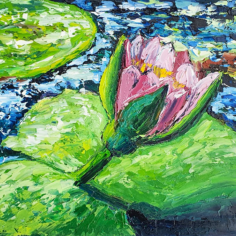 Lotus Painting Water Lilies Flowers Original Art Abstract Floral Artwork Pond - 海報/掛畫/掛布 - 其他材質 綠色