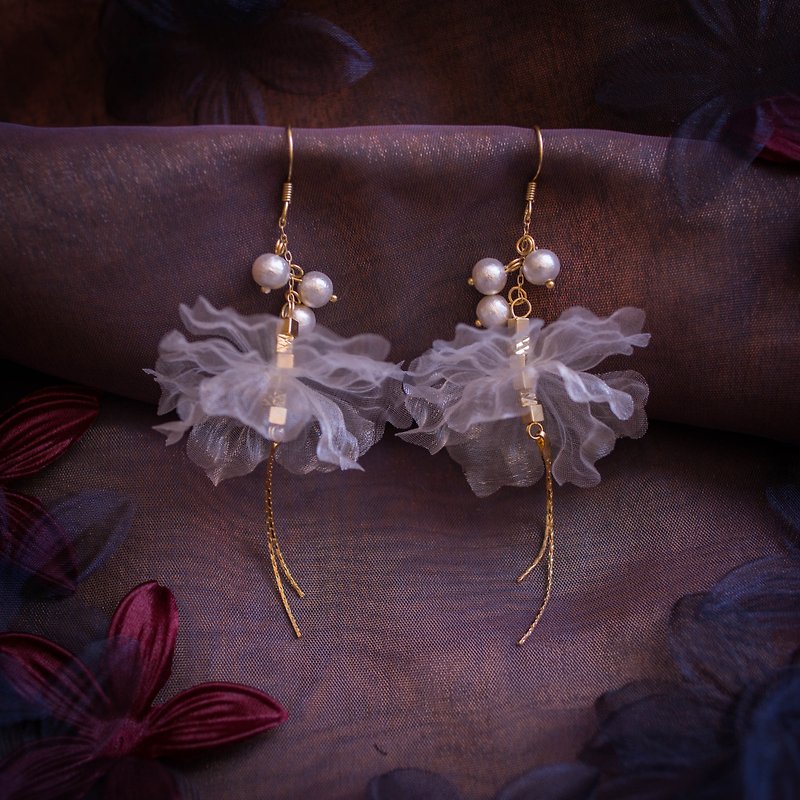 Aurae | Multi-Layered Organza Hem Dropping Earring with Cotton Pearl  Decoration - Earrings & Clip-ons - Other Materials White