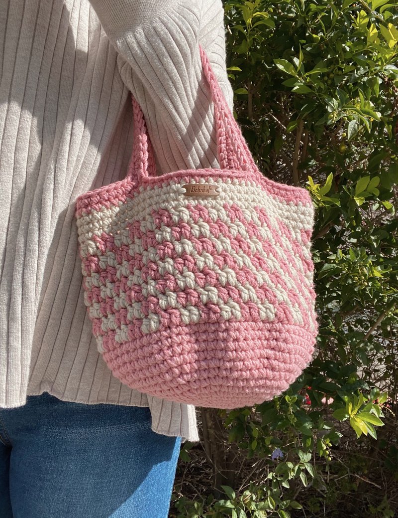 Color jump plaid tote bag small handbag bahnhof handmade - Handbags & Totes - Cotton & Hemp Pink