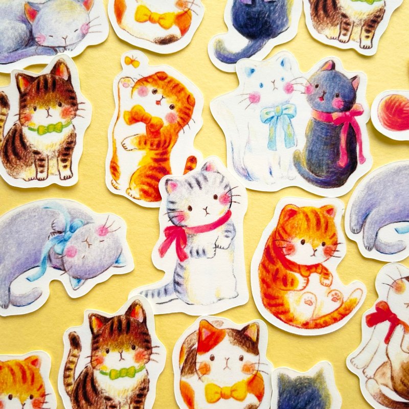 リボンねこさんのフレークシール(ポストカード付き) - 貼紙 - 紙 多色