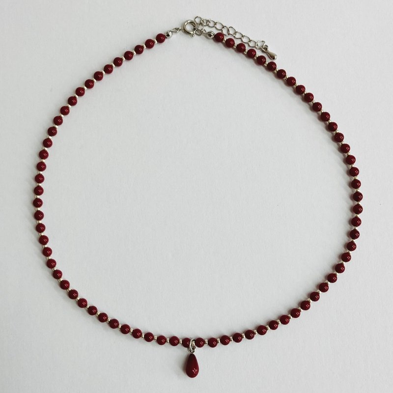 Glass bead necklace/with teardrop part S/4mm approx. 43cm/RED/Made in Japan - Necklaces - Glass Red