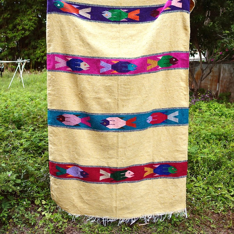 BajuTua/古著/墨西哥手工毯- 黃底彩色魚 Mexican rug - 棉被/毛毯 - 羊毛 黃色