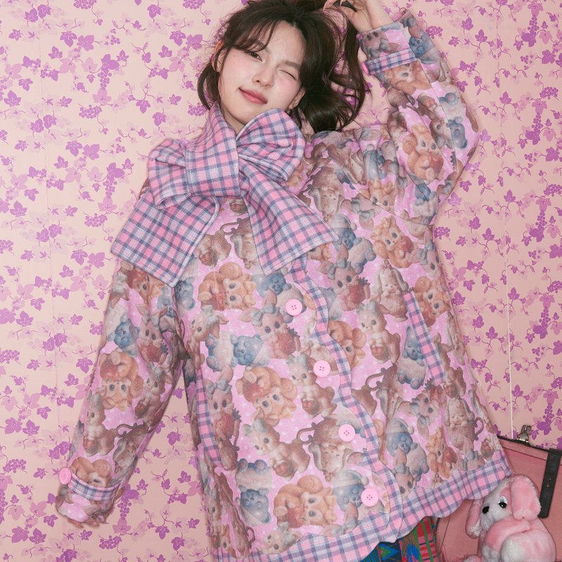 粉色格紋可愛小動物夾棉大衣外套圍巾可拆卸 - 女西裝外套 - 其他材質 多色