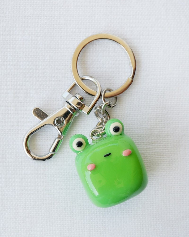 Pottery Keychains Green - Handmade Cube Polymer Clay Green Frog Keychain