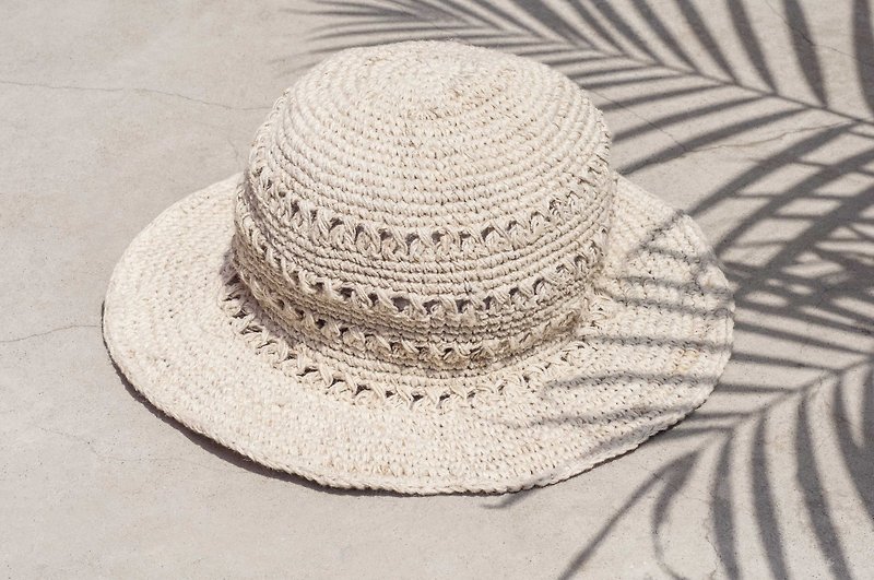 Hand-knitted cotton and linen caps knit hats fisherman hat straw hat straw hat - original summer colors - Hats & Caps - Cotton & Hemp White