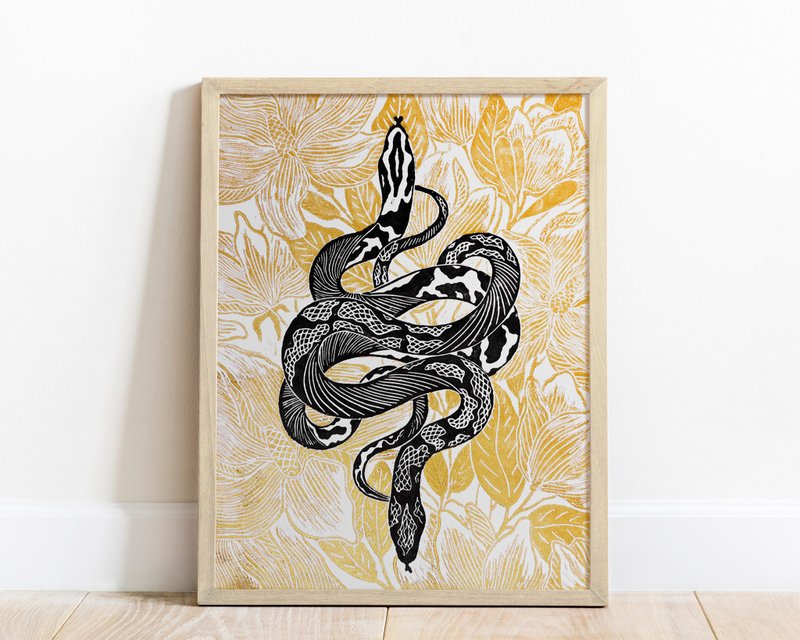 Linocut print Black gold artwork Botanical snake Magnolias flowers wall art - โปสเตอร์ - กระดาษ สีทอง
