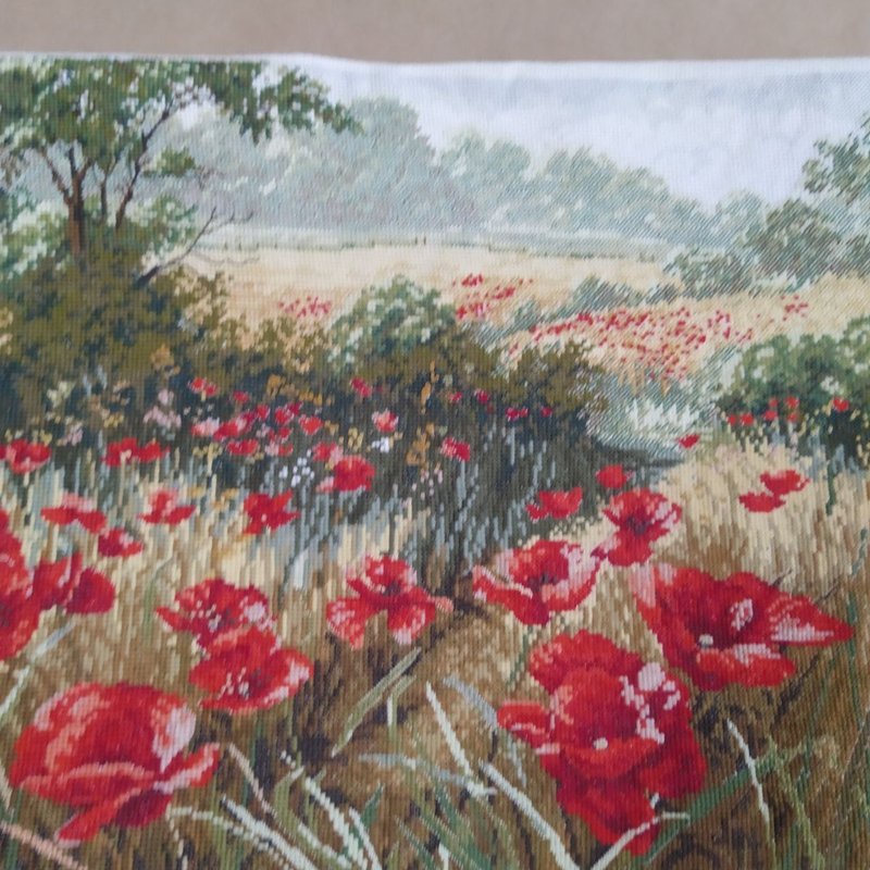 Red Poppies Painting, finished cross stitch, Wall Art Picture for Living Room - ตกแต่งผนัง - ผ้าฝ้าย/ผ้าลินิน สีแดง