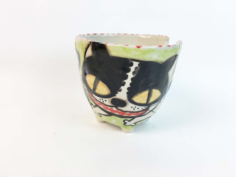 Nice Little Clay Handmade Bowl_Happy Cat 0214-06 - ถ้วยชาม - ดินเผา สีเขียว