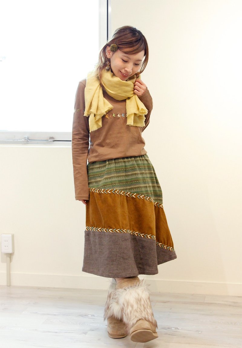 Knee length Naname patchwork skirt - กระโปรง - ผ้าฝ้าย/ผ้าลินิน สีนำ้ตาล