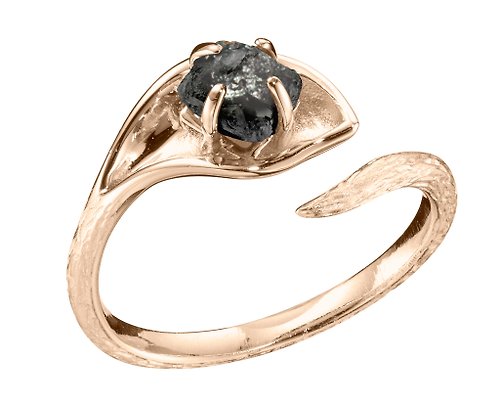 Majade Jewelry Design 黑碧璽14k黃金馬蹄蓮戒指 海芋花原石訂婚戒指 樹紋原礦求婚戒指