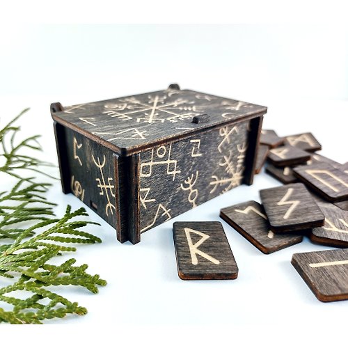 MIXARTworkshop Black runes in witch box, Elder futhark runes set, Witchcraft & wicca divination