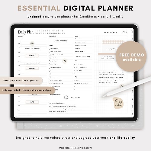 Million Dollar Habit Daily Digital Planner for GoodNotes, Undated Digital Planner for iPad, Tablet