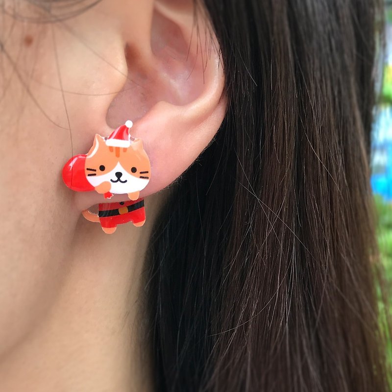 Meow handmade Christmas Santa Cat with present earrings - Earrings & Clip-ons - Plastic Red
