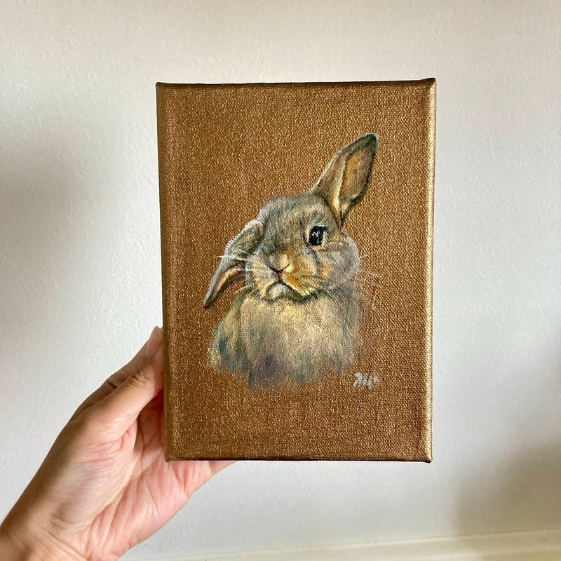 Bunny Painting Original Oil Painting Canvas Animal Painting Small Rabbit Canvas - ตกแต่งผนัง - ผ้าฝ้าย/ผ้าลินิน สีทอง