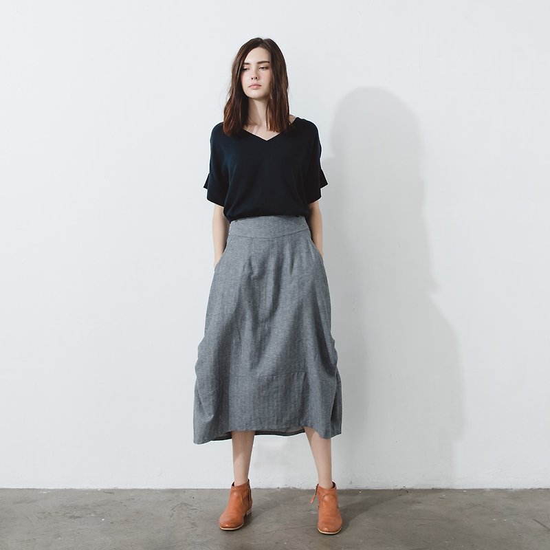 Round Skirt-Herringbone Weave - กระโปรง - ผ้าฝ้าย/ผ้าลินิน สีเทา