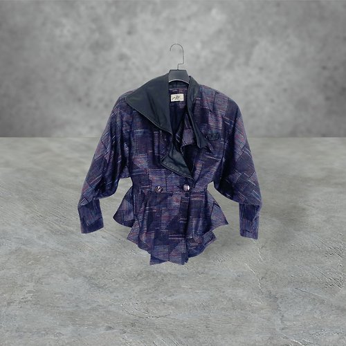 蘿綺莉蕾芭索 黑紫藍混色 薄毛料 織紋 略挺 拼接 真皮 傘狀 開襟 大衣 OPME19