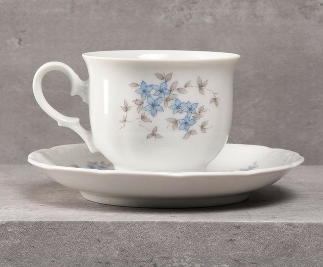 Antique Bavarian Porcelain Cup store and Saucer. Tea or Coffee Set with Forget Me Not Flowers and Gold Rims. Mitterteich Bavaria.