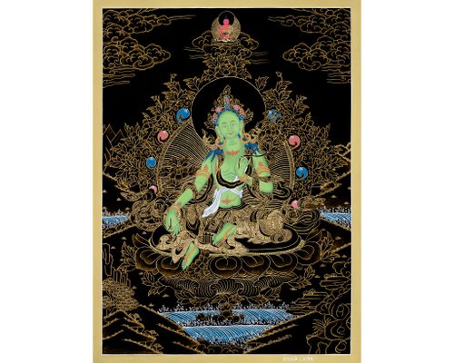 オリジナル手描きグリーンターラタンカ | チベットの女性菩薩の絵画 - ショップ Boudha Stupa Thanka Centre  ウォールデコ・壁紙 - Pinkoi