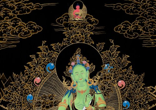 縁起物　タンカ グリーンタラ（緑度母） チベット仏教 手描き　時代物 縁起物 タンカ グリーンタラ（緑度母） チベット仏教 手描き