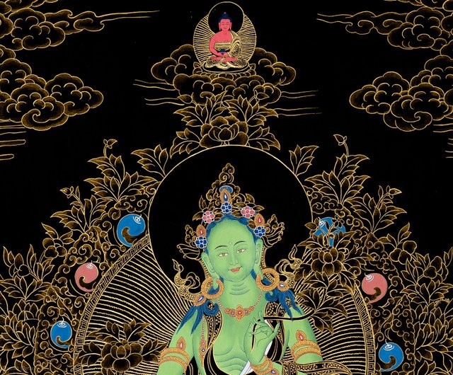 オリジナル手描きグリーンターラタンカ | チベットの女性菩薩の絵画 - ショップ Boudha Stupa Thanka Centre  ウォールデコ・壁紙 - Pinkoi