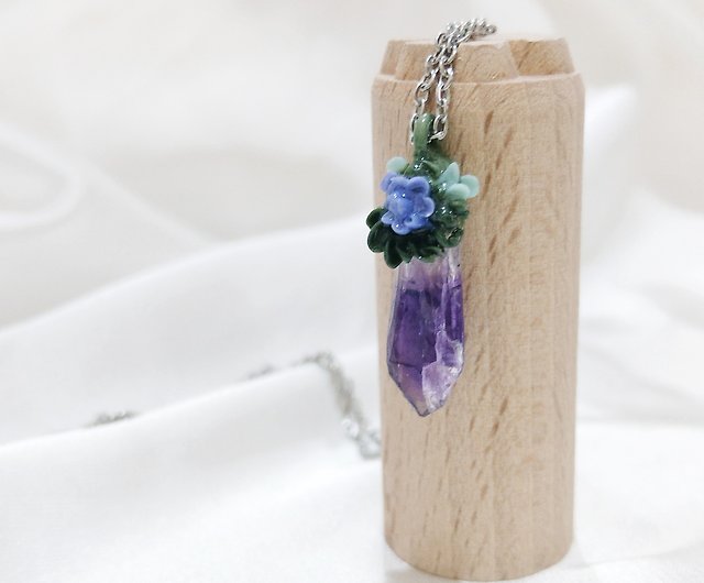 Purple flower soft pottery amethyst necklace natural crystal forest magic  Stone steel raw ore - Shop Somnambulist Necklaces - Pinkoi