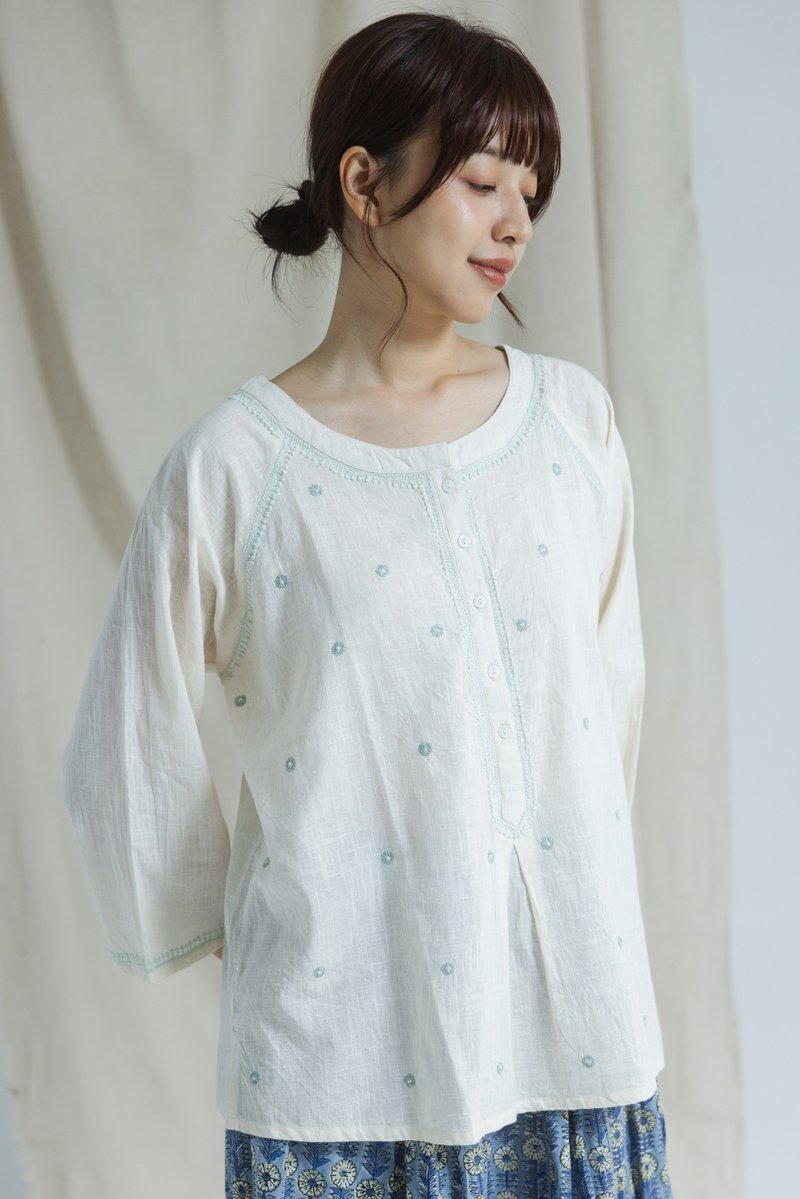 Chikankari Craftsmanship Round Neck Three Quarter Sleeve Top_Glacier Blue - Women's Tops - Cotton & Hemp White