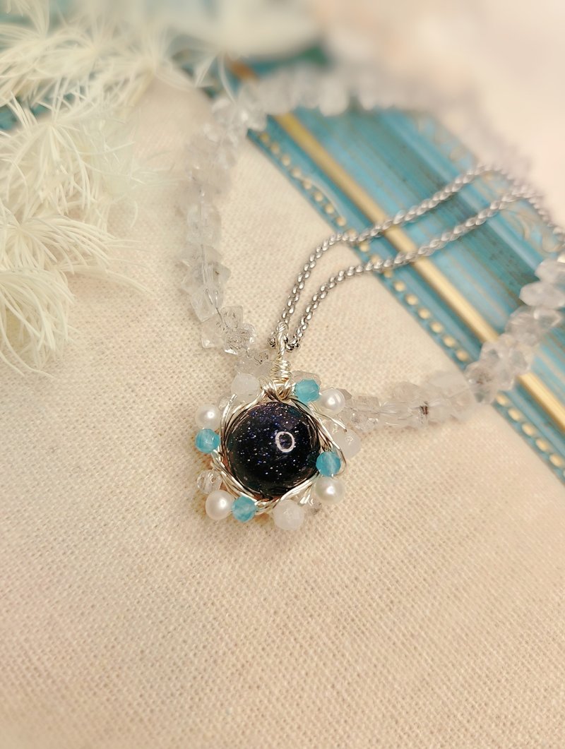 Flower Moon and Starry Sky-Pearl│Blue Stone[Brave and Perseverance] Metal Thread Braided Necklace - Necklaces - Crystal Blue