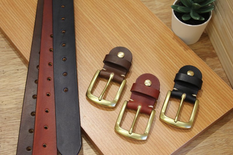 [Mini5] square fog head belt (brown) / hand dyed vegetable tanned leather 3.2cm wide belt - เข็มขัด - หนังแท้ 
