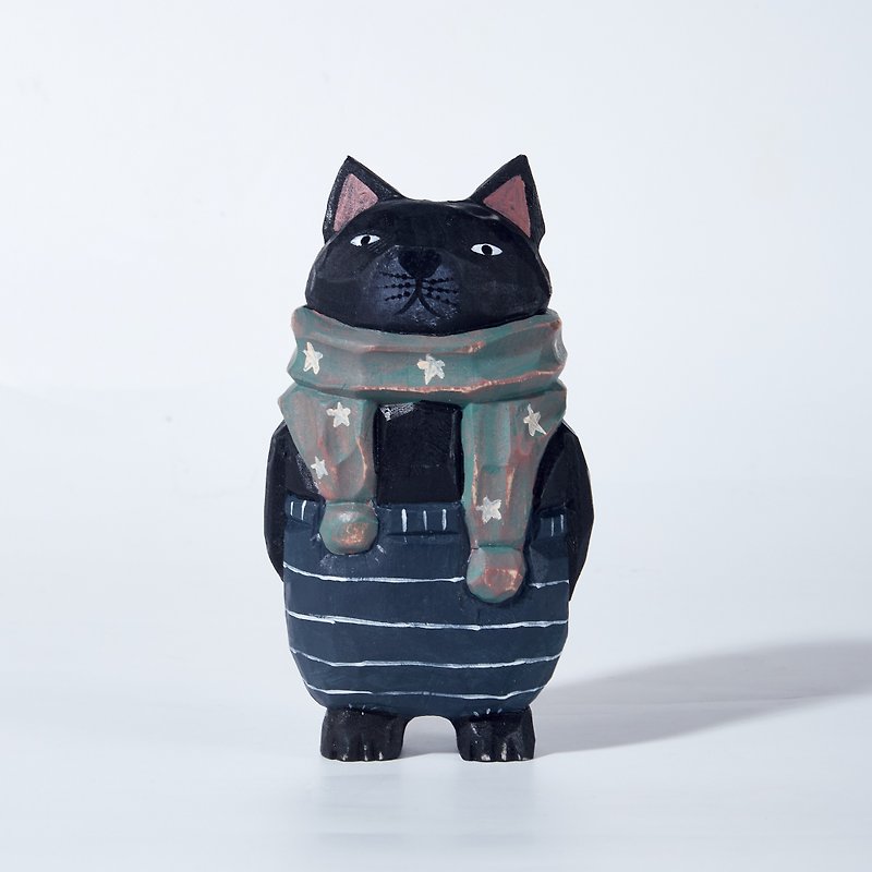 スカーフをかぶったココ大きな猫の木の彫刻 - 置物 - 木製 グレー