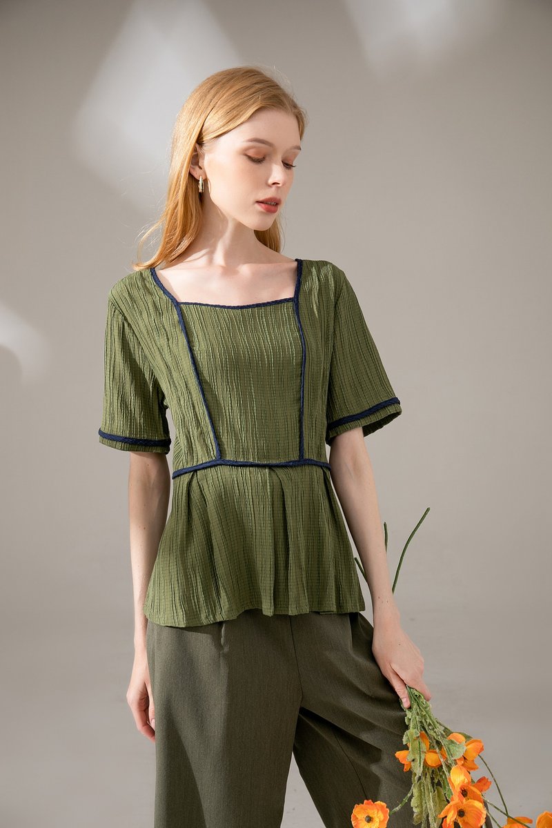 Pressed Colorblock Piping Square Neck Top | Green | Micro-Stretch | Unlined - เสื้อผู้หญิง - เส้นใยสังเคราะห์ สีเขียว