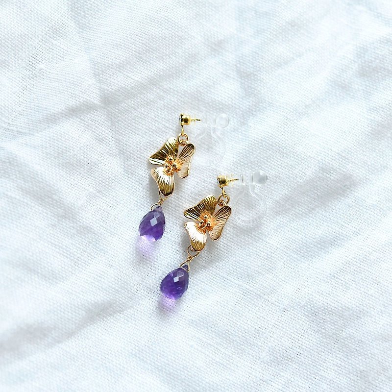Amethyst's Flower Non-Hole Pierce, the Guardian of Love Stone Birthstone in February - Earrings & Clip-ons - Gemstone Purple