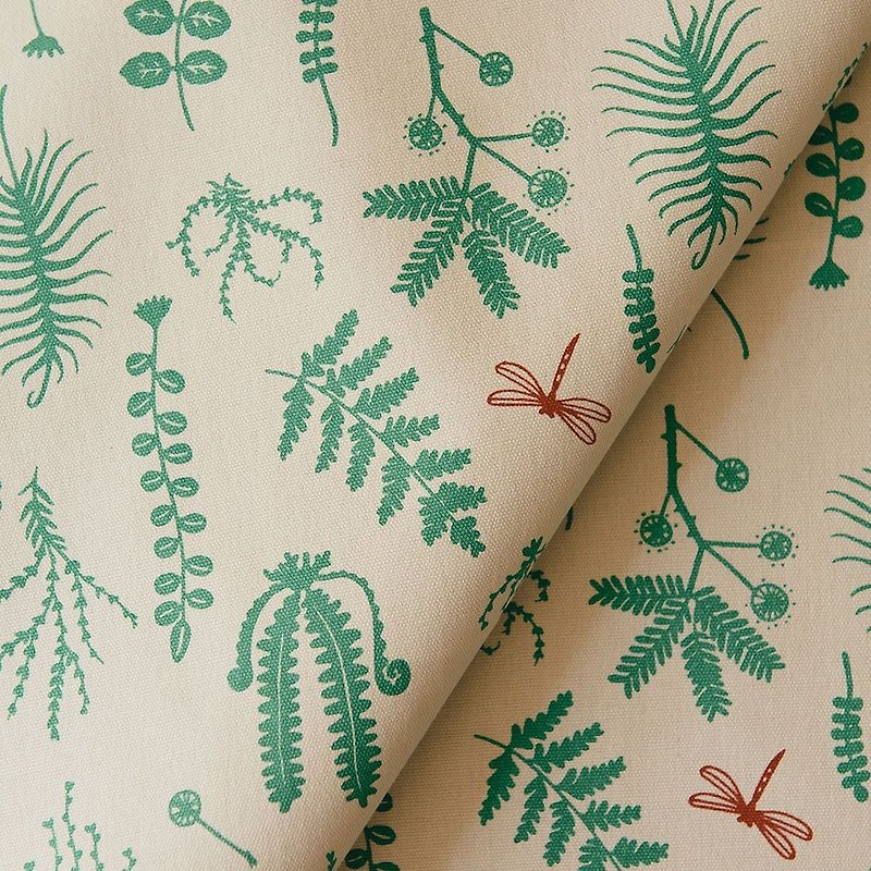Hand-Printed Cotton Canvas - 250g/y/Weeds and Dragonfly/Eucalyptus - Knitting, Embroidery, Felted Wool & Sewing - Cotton & Hemp Green