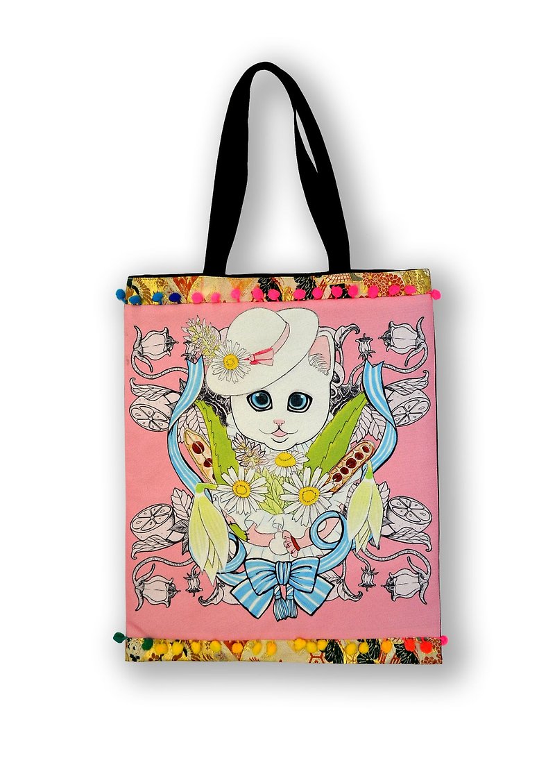 GOOKASO 雙面購物袋 TOTE BAG 粉紅花束貓咪 棉麻印花圖案 背面日本和服織錦綢緞 綴彩色小球花邊 - 其他 - 棉．麻 粉紅色