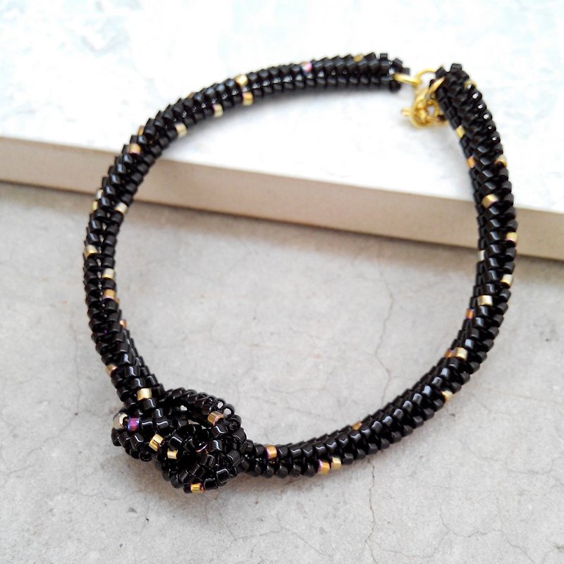 Speckled Black and Gold Beaded Knot Bracelet, Stardust, OOAK, Love, Promise, Wish Bracelet - Bracelets - Other Materials Black