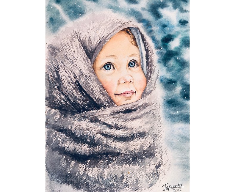 Original Watercolor Painting winter Girl girl winter Christmas - Wall Décor - Paper Blue