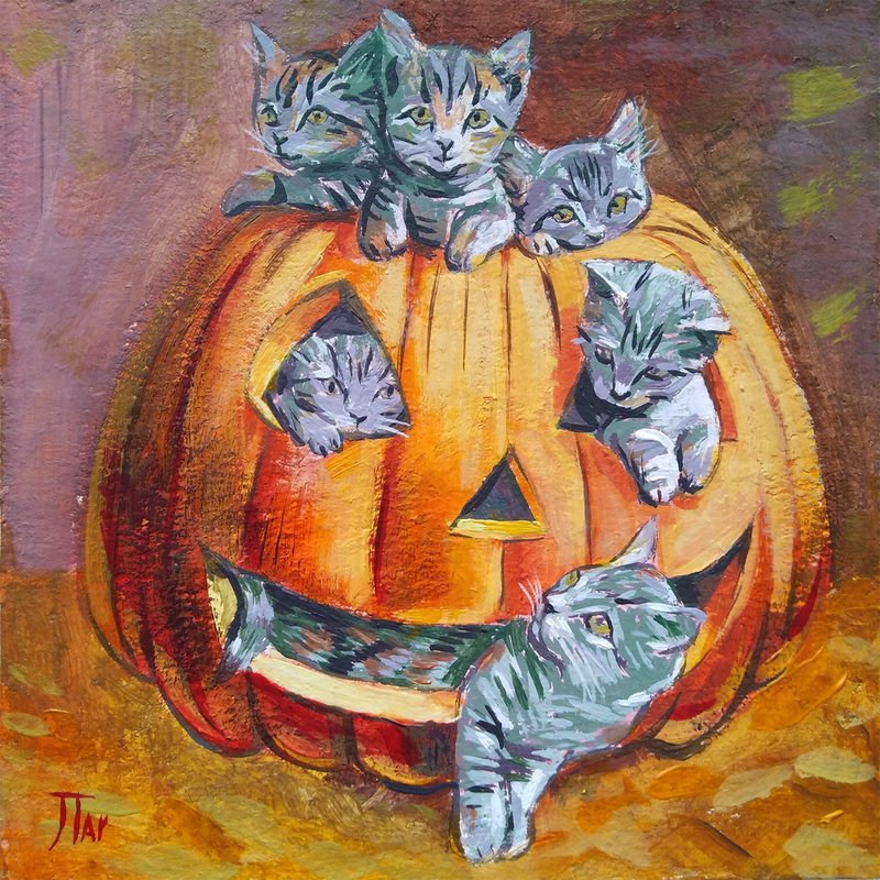 Original Acrylic Painting Halloween Pumpkin and six Cat Kitty Play - Wall Décor - Other Materials Orange