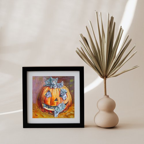 黄色いかぼちゃ 猫とカボチャのアクリルアート 3枚セット ハロウィンに