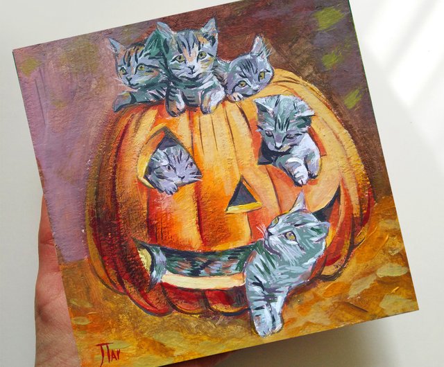 オリジナルアクリル画 ハロウィンかぼちゃと6匹のねこちゃんごっこ遊び