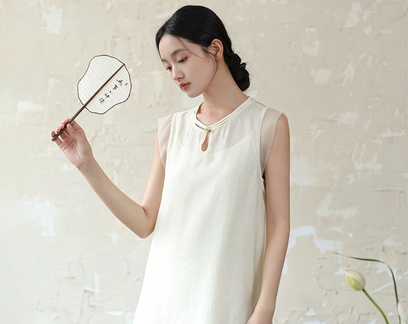 新中式復古中國風 炒色工藝 暗紋提花寬鬆禪意茶服洋裝 - 洋裝/連身裙 - 絲．絹 白色