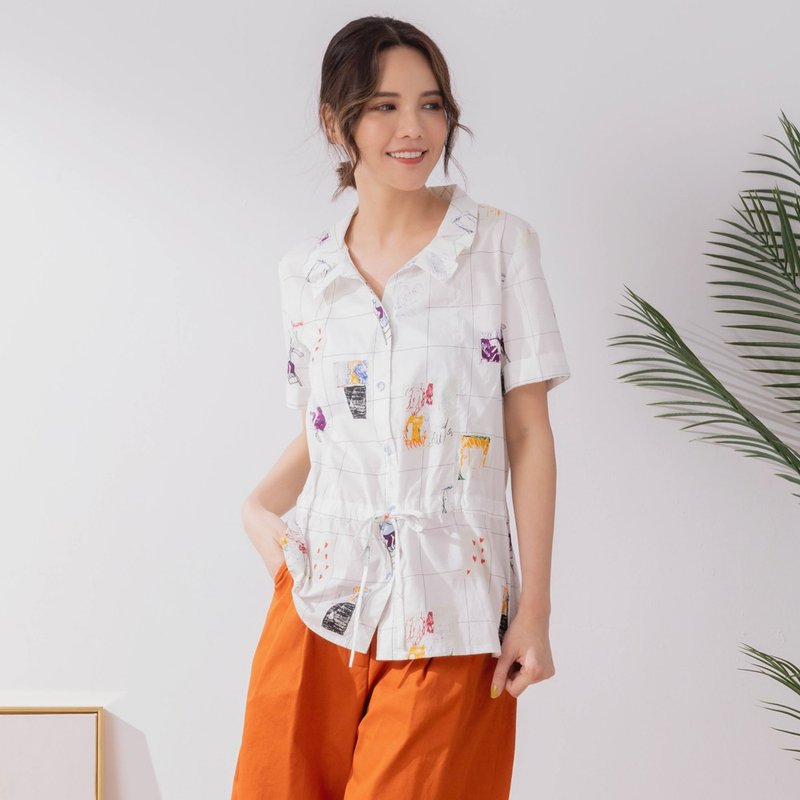 【MEDUSA】可愛圖案純棉束腰襯衫 (M-XL) | 女裝 上衣 | 上班穿搭 - 女襯衫 - 棉．麻 白色