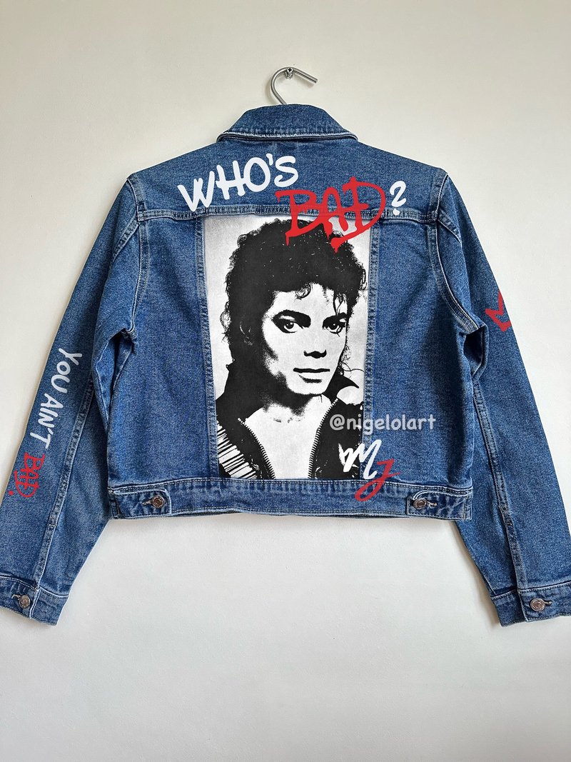 Painted denim jacket Who is bad? Michael Jackson Custom gifts Blue denim jacket - 女大衣/外套 - 棉．麻 藍色