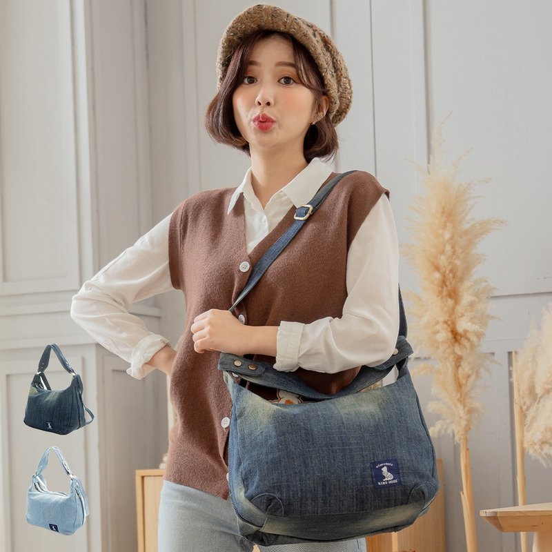 Kiro cat denim denim double layer crossbody/two-purpose bag [250059] - Messenger Bags & Sling Bags - Cotton & Hemp Blue