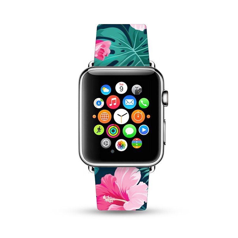 Pink Lily flower floral leather Apple Watch Band 38 40 42 44 mm Series 5 4 3 050 - สายนาฬิกา - หนังแท้ สีเขียว