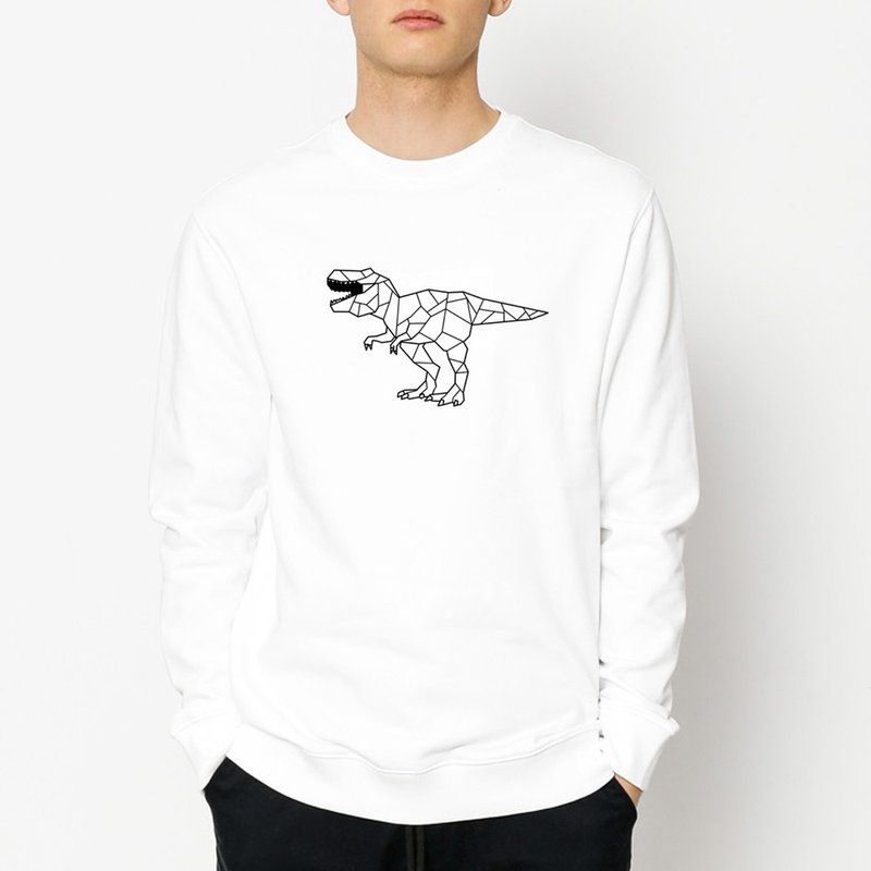 Dino Geometric T Rex 大學T 刷毛 中性版 白色 幾何恐龍禮物秋冬 - 男 T 恤 - 棉．麻 白色